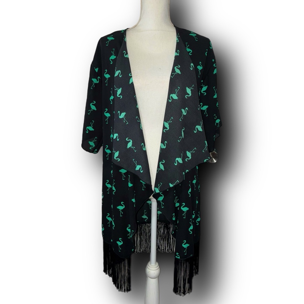 LuLaRoe Black Monroe Kimono with Green Flamingo Design